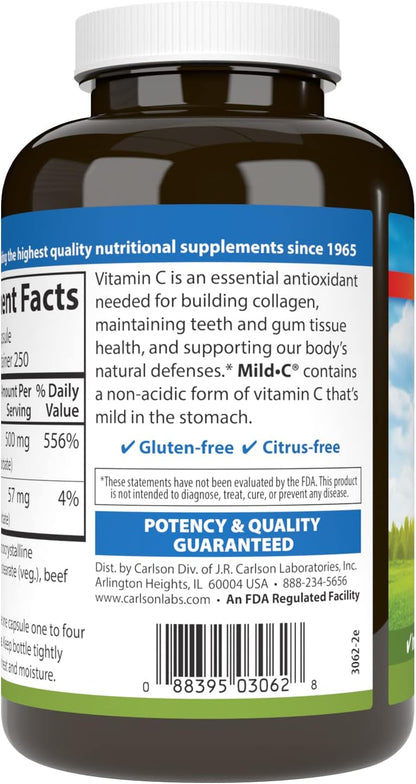 Carlson Mild-C 500 mg Buffered Vitamin C – 250 Capsules
