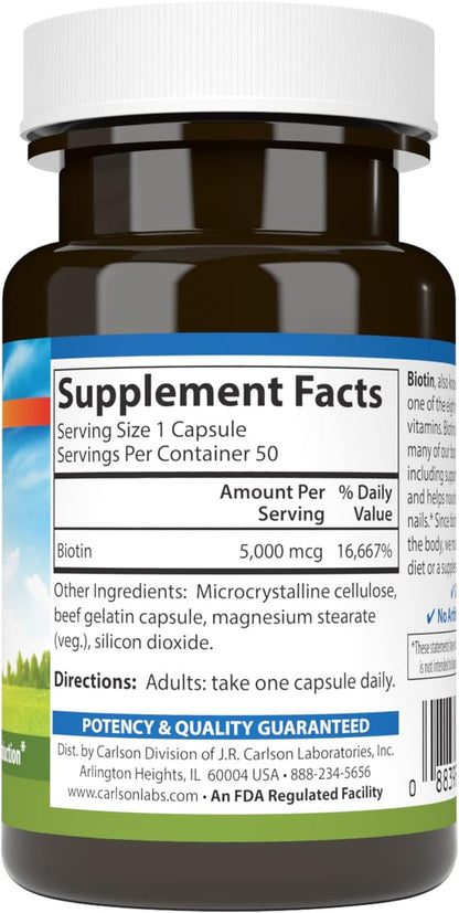 Carlson – Biotin, 5000 mcg, for Healthy Hair, Strong Nails & Energy Metabolism, 50 Capsules