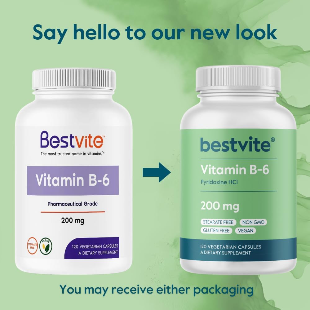 BESTVITE Vitamin B6 200mg (120 Vegetarian Capsules) - No Stearates - No Flow Agents - Vegan - Non-GMO - Gluten-free - görsel 7