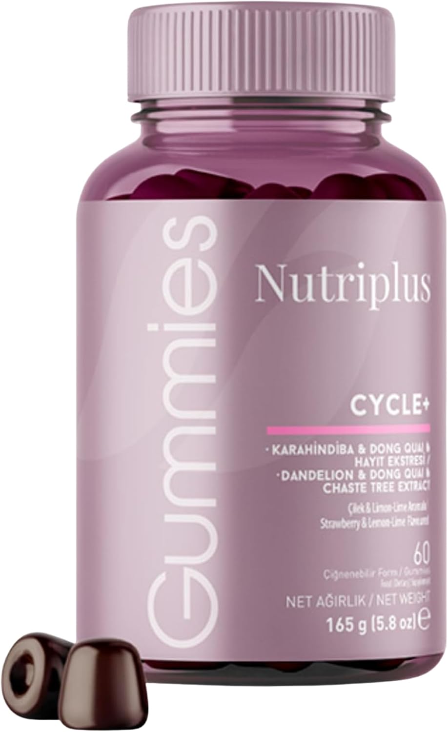 FARMASi Nutriplus Cycle Plus Gummies - Vegan Women's Support Supplement with Iron, Vitamin B6 & Botanical Extracts, Strawberry Lime, 60 Gummies - görsel 1