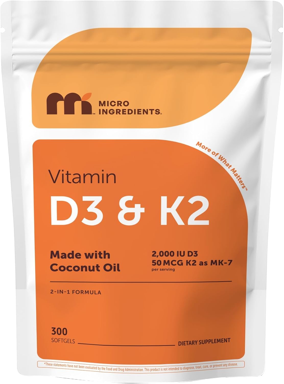 Micro Ingredients Vitamin D3 2,000 IU + K2 MK-7 50 mcg, 300 Softgels | Made with Coconut Oil | 2-in-1 Formula | Easy to Swallow, Non-GMO - görsel 1