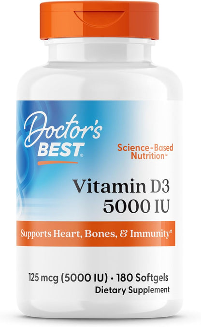 Doctor's Best Vitamin D3 5000 IU, 180 Softgels – Non-GM, Gluten & Soy Free