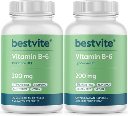 BESTVITE Vitamin B6 200mg (120 Vegetarian Capsules) - No Stearates - No Flow Agents - Vegan - Non-GMO - Gluten-free