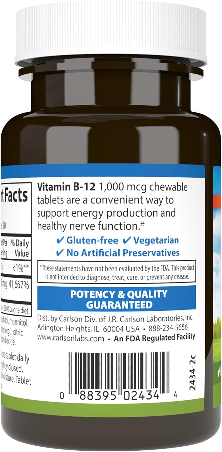 Carlson Chewable B-12, 1000 mcg - Lemon Flavour, 90 Tablets - görsel 3