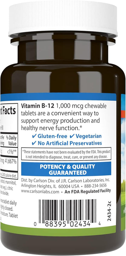 Carlson Chewable B-12, 1000 mcg - Lemon Flavour, 90 Tablets