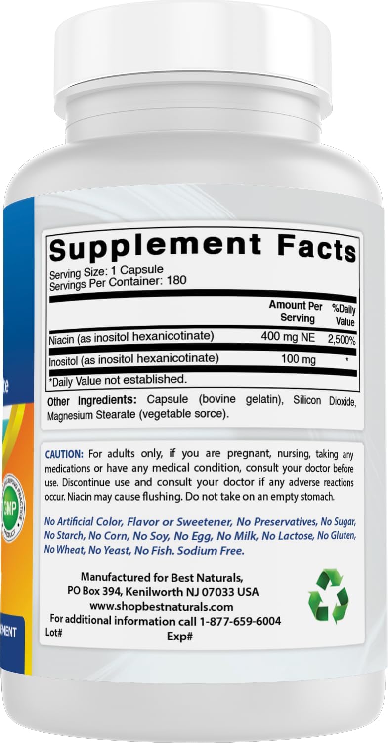 Best Naturals Flush-Free Niacin Inositol Hexanicotinate 500 mg, 180 Capsules - görsel 6