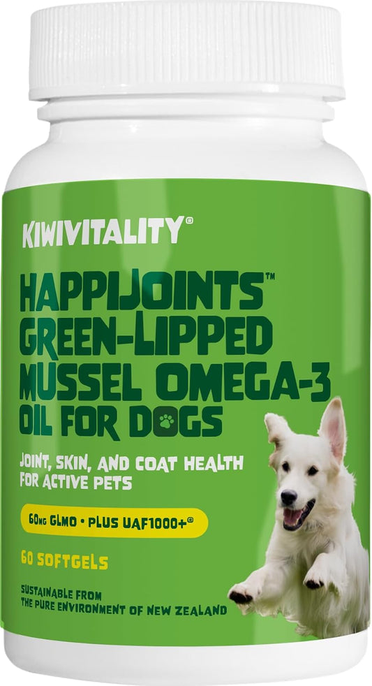 KiwiVitality HappiJoints Green-Lipped Mussel Omega-3 Oil for Dogs (60 Soft gel capsule Capsules)