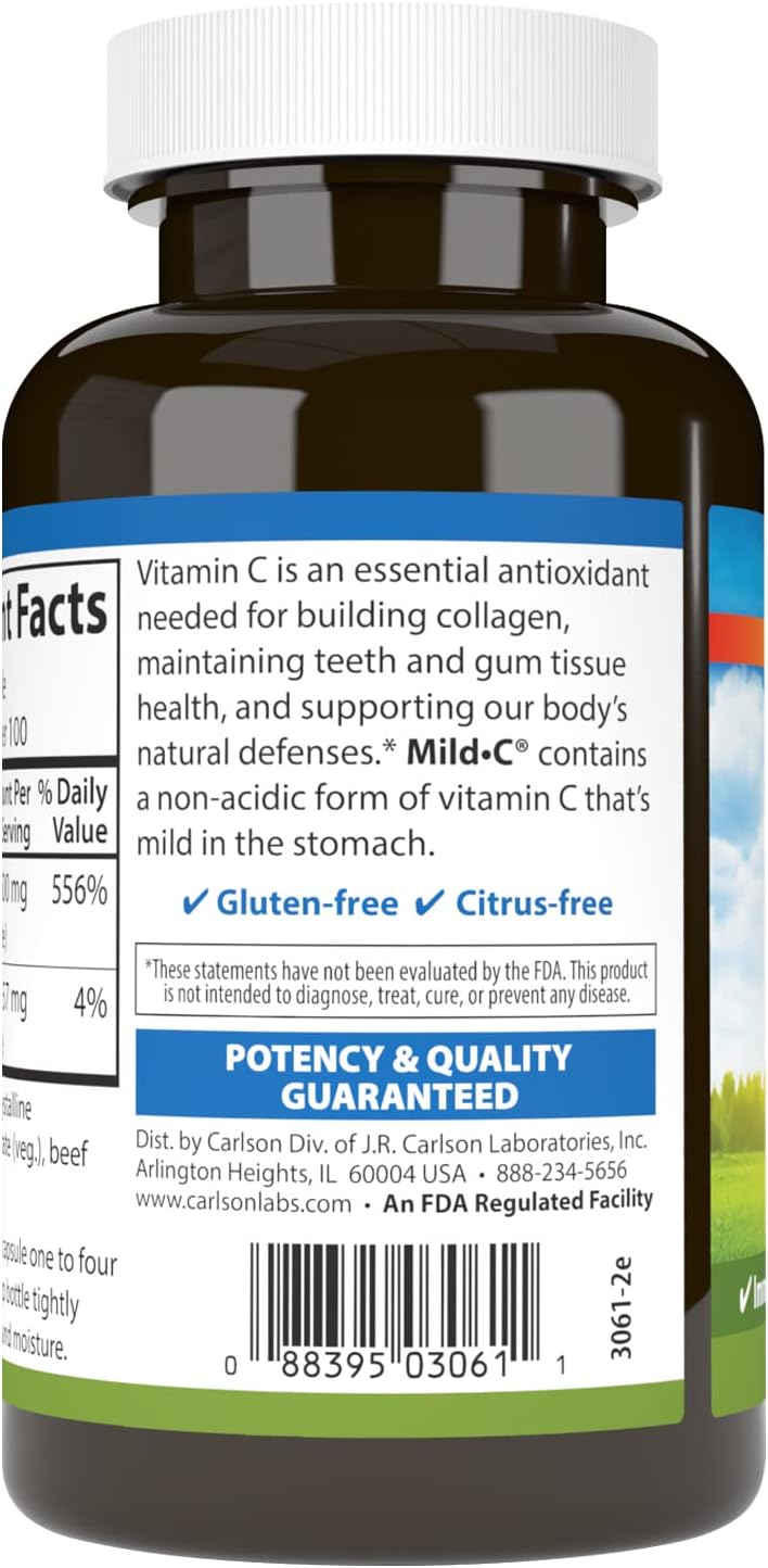 Carlson - Mild-C, 500 mg, Buffered Vitamin C, Immune Support & Optimal Wellness, Antioxidant, 100 Capsules - görsel 3