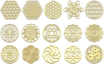 15 Flower of Life Orgonite Metal Stickers - Sacred Geometry Gold-Plated Decals for Energy Towers and Crafts (Gold)