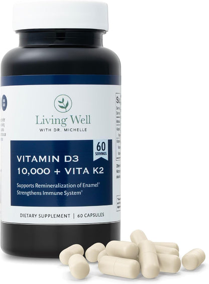 Living Well Dr. Michelle Vitamin D3 10,000 IU with K2 – 60 Capsules – Image 1