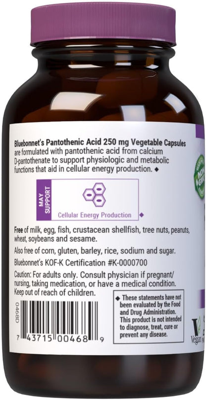 BlueBonnet Nutrition Pantothenic Acid 250 mg – Vitamin B5 Food Supplement, 60 Vegetable Capsules