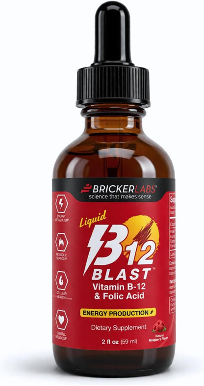 Bricker Labs B-12 Blast Liquid Vitamin B12 and Folic Acid Food Supplement – Natural Raspberry Flavour, 59 ml