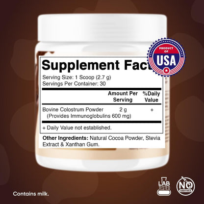 Vitamatic Bovine Colostrum Powder – Gut Health, Hair Growth, Beauty, Muscle Recovery & Immune Support – Chocolate Flavour – 81g (30 Servings)