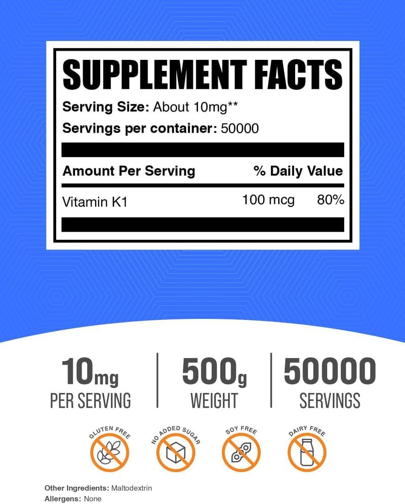 BulkSupplements.com Vitamin K1 Powder - Phylloquinone Supplement for Normal Blood Clotting and Bone Maintenance Support - Gluten-free, 10mg per Serving, 500g - görsel 2