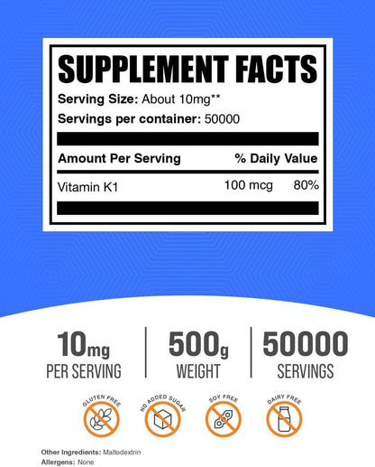 BulkSupplements.com Vitamin K1 Powder - Phylloquinone Supplement for Normal Blood Clotting and Bone Maintenance Support - Gluten-free, 10mg per Serving, 500g