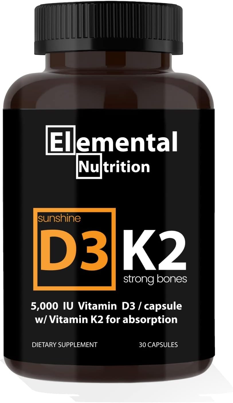 Vitamin K2 with D3 Extra Strength Supplement for Bone & Heart Health | Non-GMO Formula with 5000 IU Vitamin D3, 125 mcg Vitamin K2 (as MK-7) | Easy to Swallow Capsules, 30 Count - görsel 1