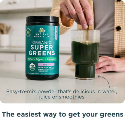 Ancient Nutrition Organic SuperGreens Powder with Probiotics, Berry Flavour - 25 Servings