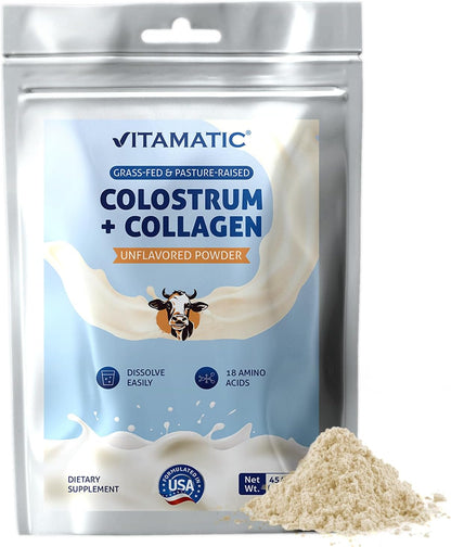 Vitamatic Bovine Colostrum + Collagen Powder - Grass-Fed, Hydrolysed, Unflavoured - 454 g (16 oz)