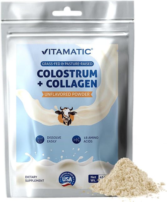 Vitamatic Bovine Colostrum + Collagen Powder - Grass-Fed, Hydrolysed, Unflavoured - 454 g (16 oz)
