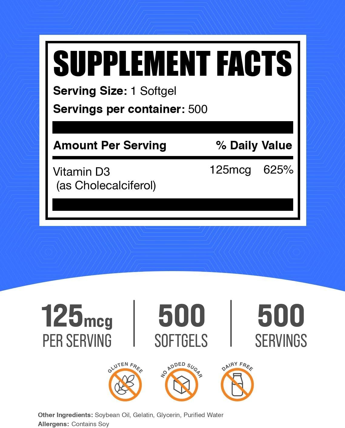 BulkSupplements.com Vitamin D3 5000IU Softgels - Cholecalciferol, D3 Supplement, Vitamin D 5000 IU - 1 Vitamin D3 Soft gel capsule (125mcg of Vitamin D) per Serving, 500 Count (Pack of 1) - görsel 2