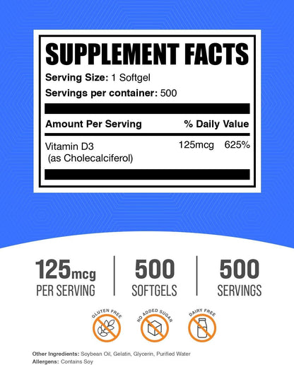 BulkSupplements.com Vitamin D3 5000IU Softgels - Cholecalciferol, D3 Supplement, Vitamin D 5000 IU - 1 Vitamin D3 Soft gel capsule (125mcg of Vitamin D) per Serving, 500 Count (Pack of 1)