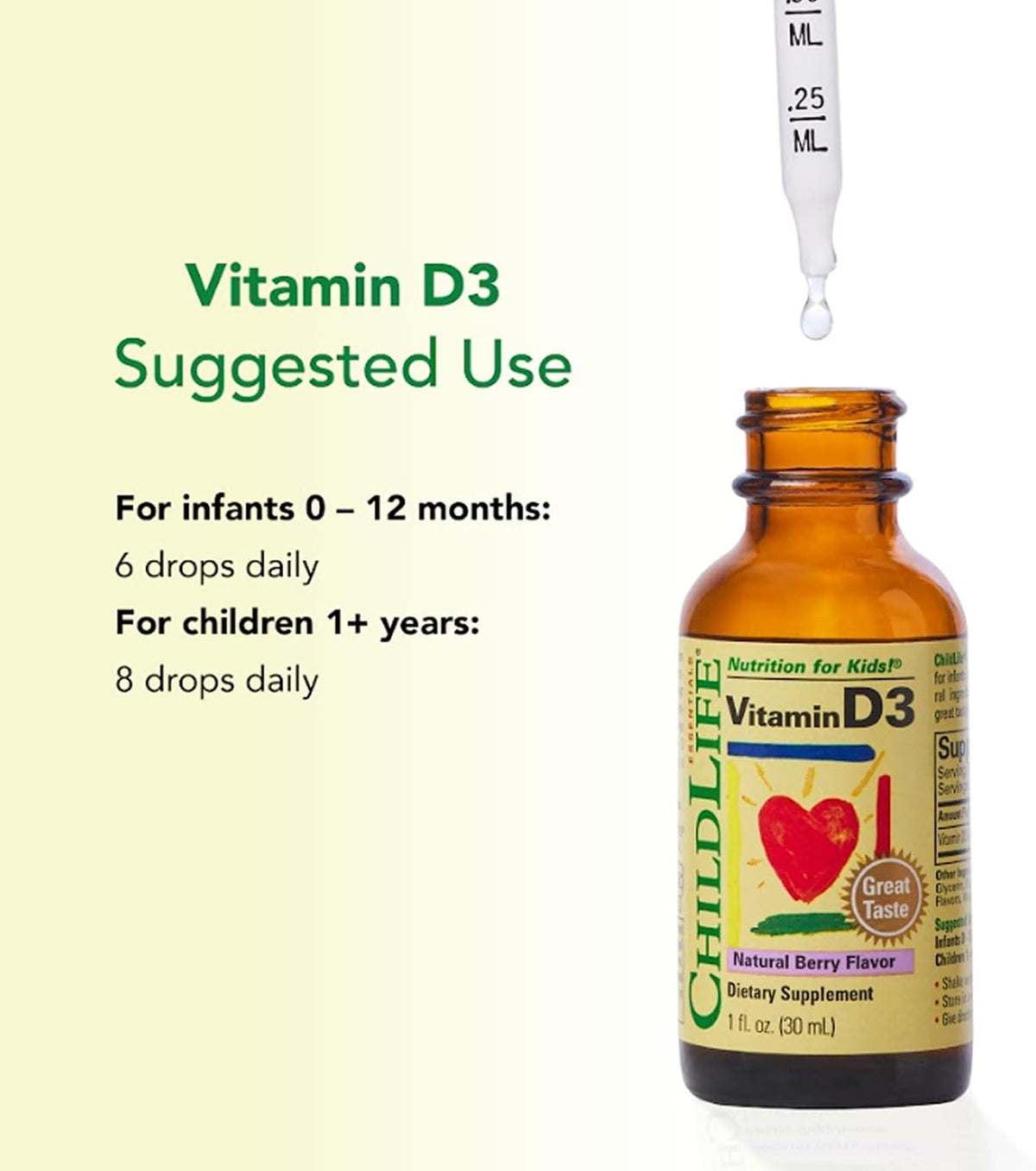 ChildLife Essentials Baby Vitamin D3 Drops - Natural Berry Flavour, 500 IU (12.5 µg), 1 fl oz (30 ml) (Pack of 3) - görsel 7