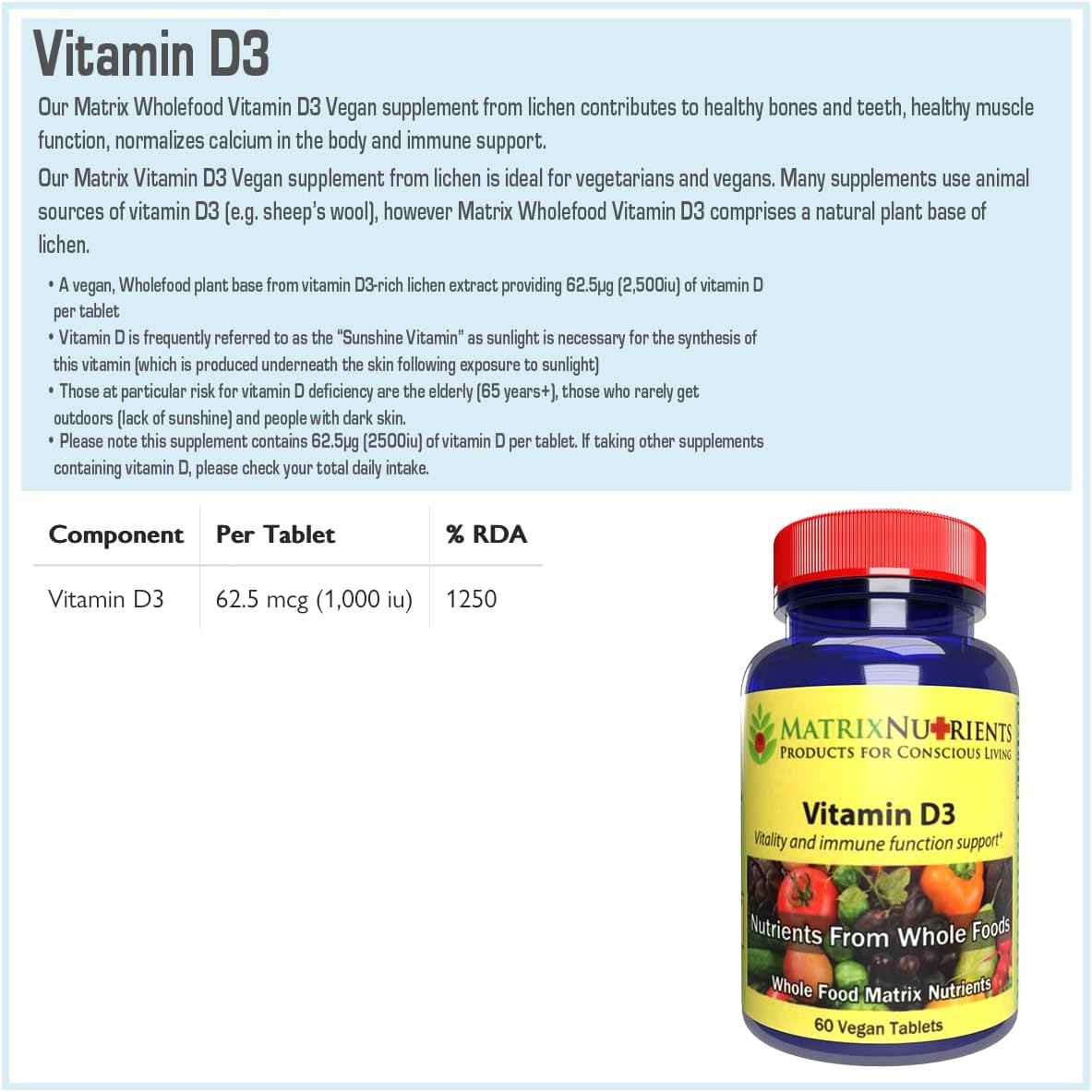 Matrix Nutrients Vitamin D3 1000 IU Vegan Tablets (60 Count) - görsel 6