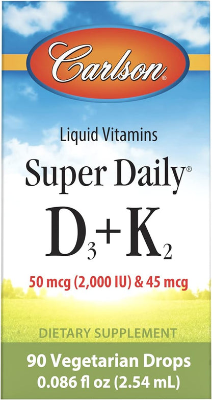 Carlson Super Daily D3 + K2, 50 mcg (2000 IU) D3 + 45 mcg MK-7, Liquid Drops, 90 servings