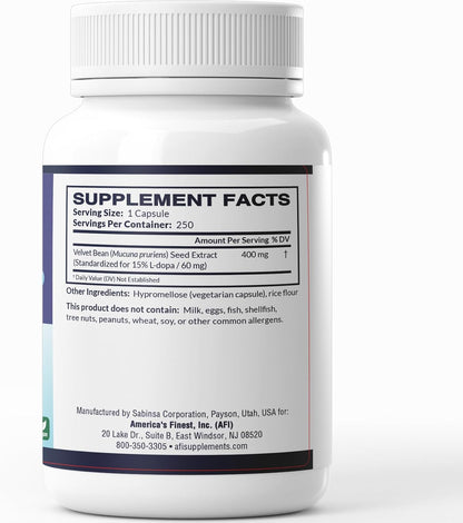 AFI Dopa 400 | Mucuna Pruriens Extract | 15% L-DOPA | Supports Healthy Mood, Focus and Motivation | Vegan, Non-GMO, Gluten-free | 250 Capsules