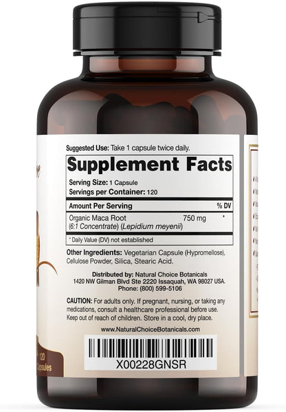 Natural Choice Botanicals Organic Maca Root Capsules (High Potency) - 120 Capsules
