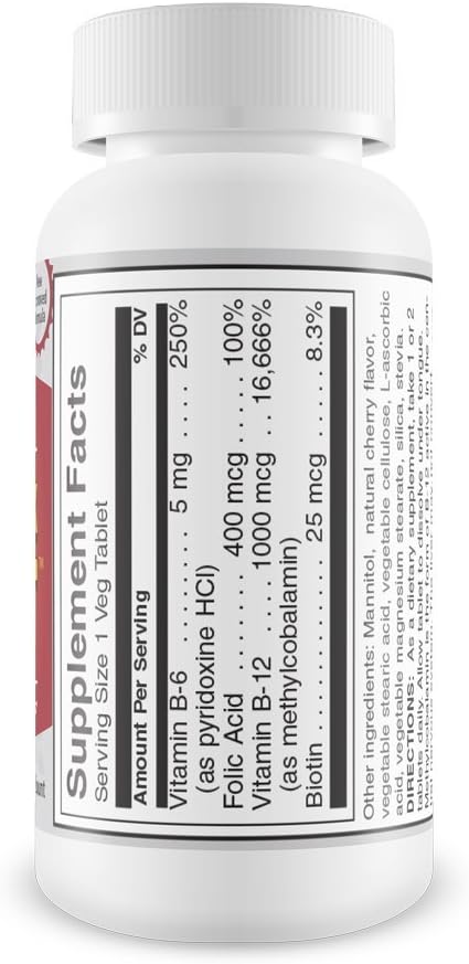 BioTree Labs Cherry B-Complex Supplement - Sublingual with Methylcobalamin B12, B6, Biotin & Folic Acid (3-Pack, 270 Tablets) - görsel 2