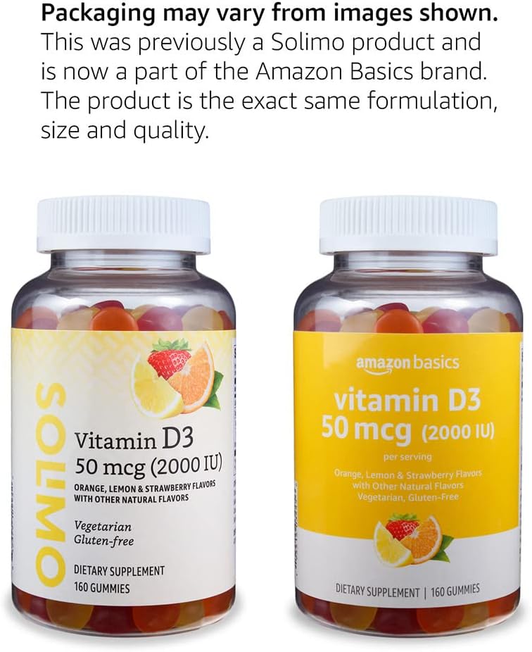 Amazon Basics Vitamin D3 2000 IU Gummies, Orange, Lemon & Strawberry, 160 Count (2 per Serving) - görsel 3