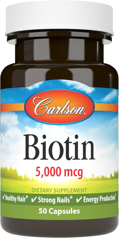 Carlson Biotin 5000 mcg – Healthy Hair, Strong Nails & Energy Metabolism, 100 Capsules