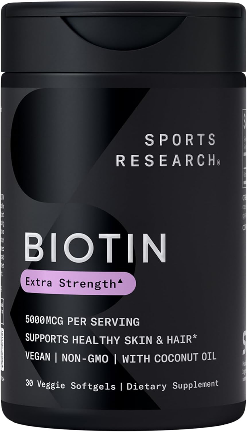 Sports Research Biotin 5,000mcg with Organic Coconut Oil - Vitamin B7 for Healthy Hair and Skin Support - Vegan, Non-GMO, Gluten & Soya-Free - 30 Veggie Softgels - görsel 1