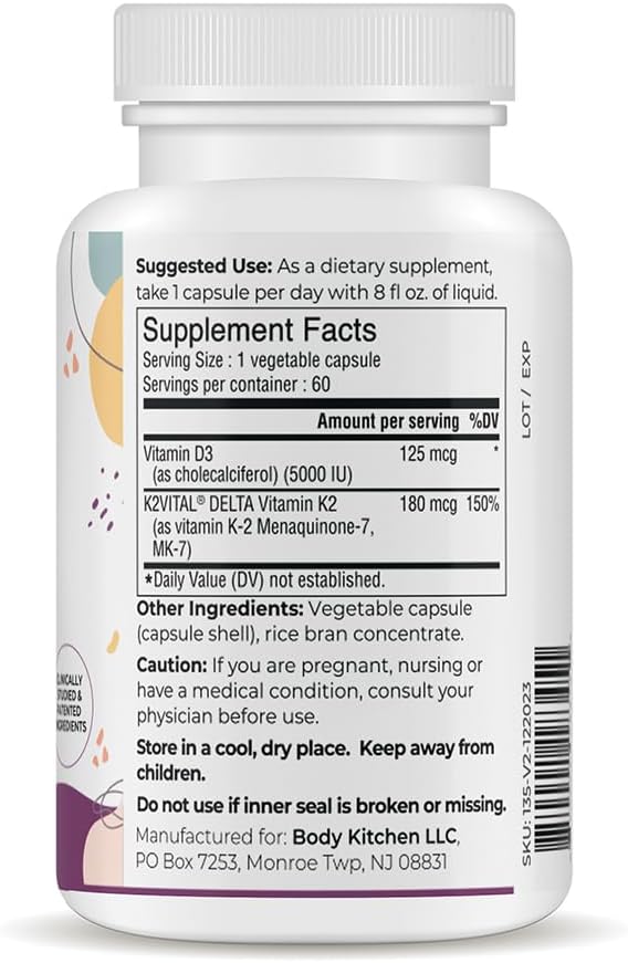 Body Kitchen Vegan Vitamin D3 + K2 MK-7 Supplement, 5000 IU D3 & 180 mcg K2 MK-7, Non-GMO, 60 Veggie Caps - görsel 2