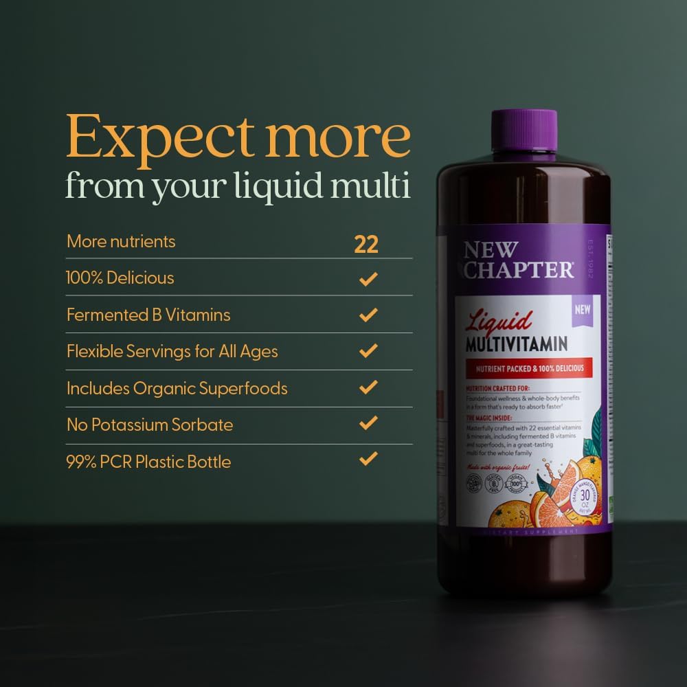 New Chapter Liquid Multivitamin + Mineral Supplement - Whole-Body Support for Adults, Teens & Children 2 Years and Over - 22 Essential Vitamins & Minerals - Orange Mango - 900 ml - görsel 5