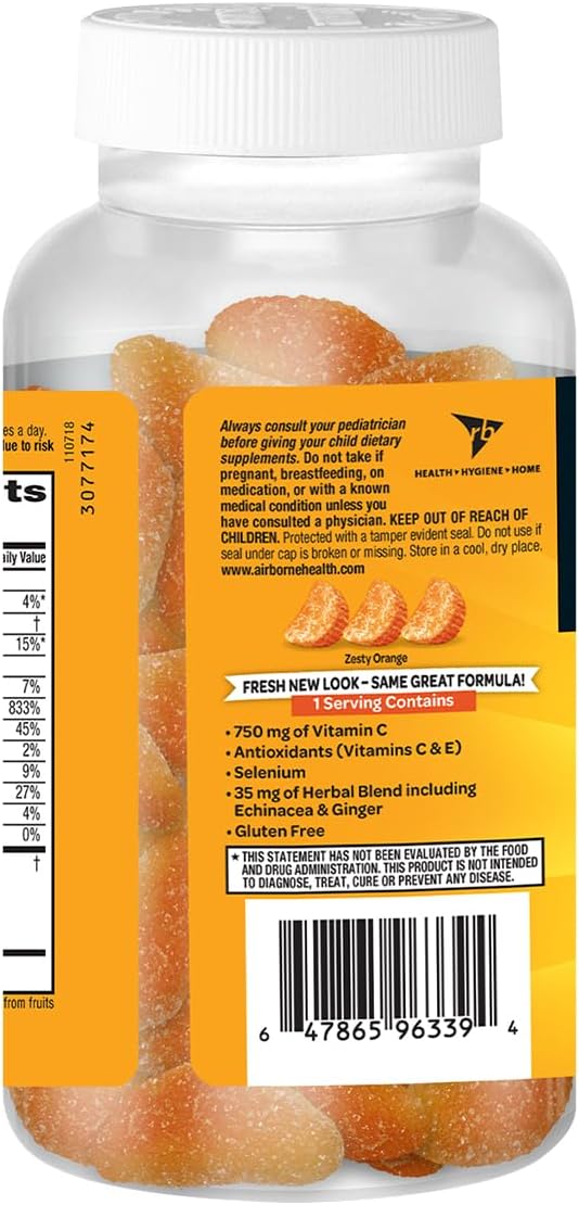 Airborne 750mg Vitamin C Immune Support Gummies, Zesty Orange, 63 Gummies (3-Pack) - görsel 3