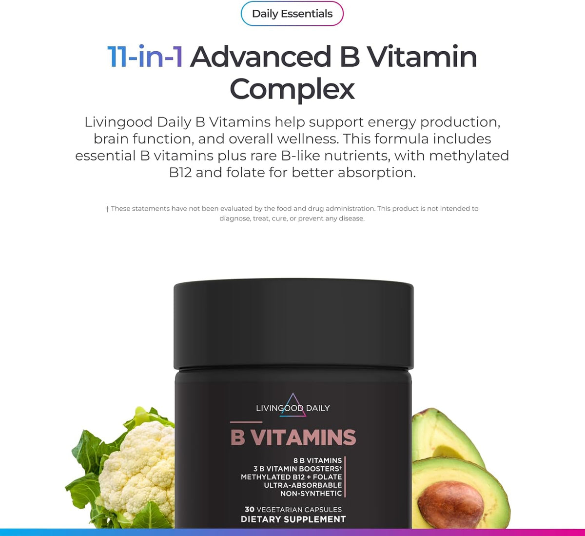 Livingood Daily Vitamin B Complex – Methylated B12 & Folate, 11 Active Forms, Gluten-free, Vegan, 30 Capsules - görsel 2