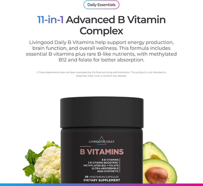 Livingood Daily Vitamin B Complex – Methylated B12 & Folate, 11 Active Forms, Gluten-free, Vegan, 30 Capsules