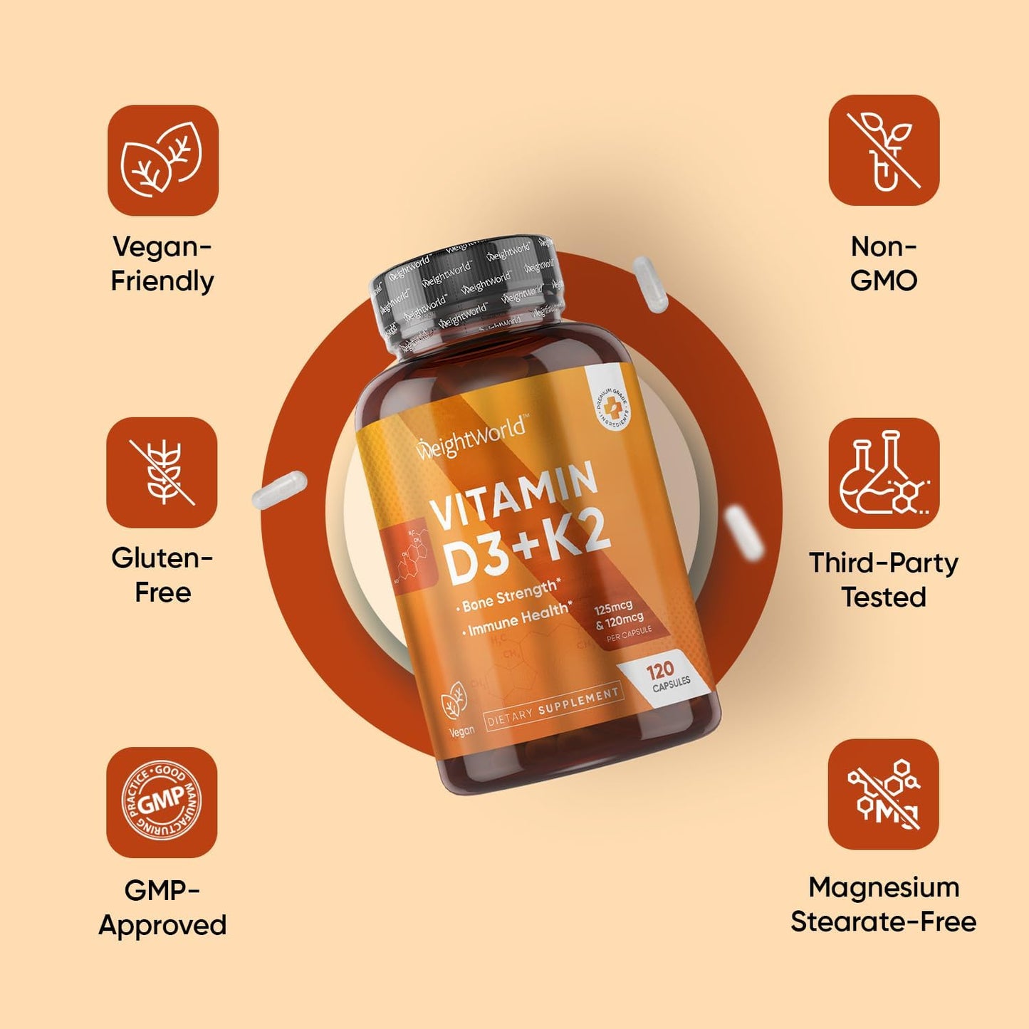 WeightWorld Vitamin D3 + K2 5000 IU Capsules – Vegan D3 (Lichen) & K2 MK-7, 120 Capsules - görsel 8