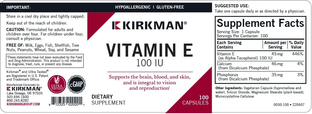 Kirkman Vitamin E 100 IU – Hypoallergenic, 100 Vegetarian Capsules - görsel 3