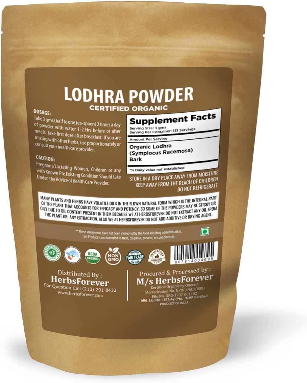 Herbsforever Lodhra Bark (Symplocos Racemosa) Powder - Wild Harvested, Non-GMO, Vegan - 16 oz (454 g) - görsel 2