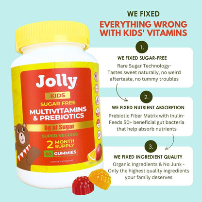 Jolly Kids Multivitamin Gummies – 60 Gummies Sugar-Free Vitamins for Children (Ages 4-12) with Allulose & Prebiotics – Organic Gummy for Immune Support, Digestive Health & Concentration – Plant-Based – Strawberry Lemon