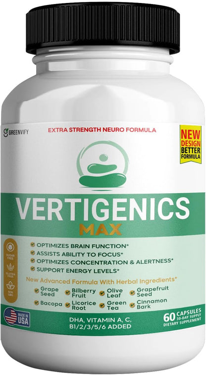 Vertigenics Max Brain Support Supplement (Extra Strength Neuro Formula, 60 Capsules)