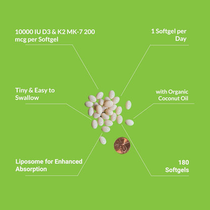 UpNourish Liposomal D3 K2 Vitamin 10000 IU D3 and K2 MK-7 200 mcg - 180 Mini Soft gel capsules