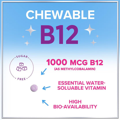 Vitamin B12 1000 mcg Chewable Tablets - Methylcobalamin B12 Complex for Energy, Heart & Nerve Support - Fast Dissolve, 120 Tablets