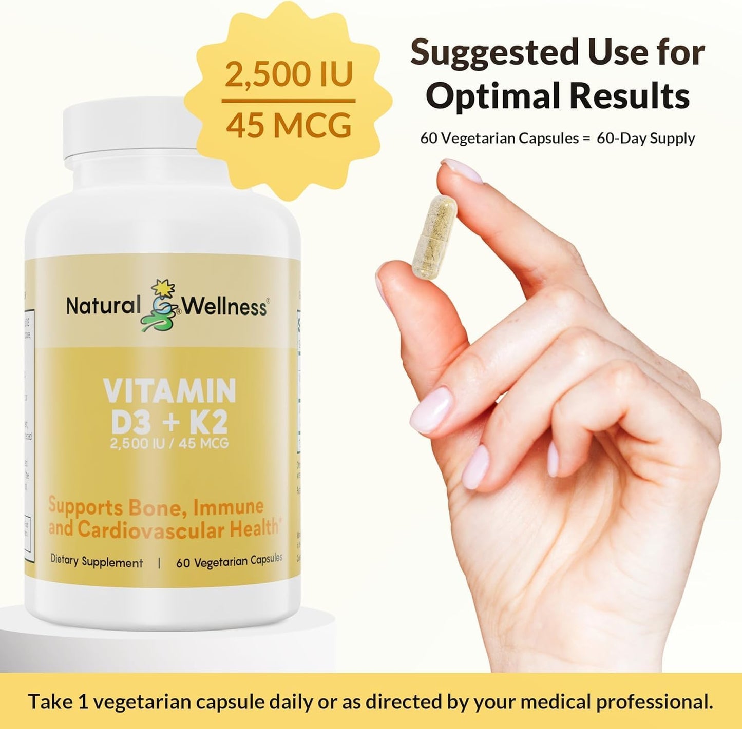 Natural Wellness Vitamin D3 + K2 – High Potency Vitamin D3 2500 IU & K2 MK-7 45 mcg – Supports Bone Strength, Heart Health, Immunity & Metabolism - Vegetarian Supplement - görsel 3