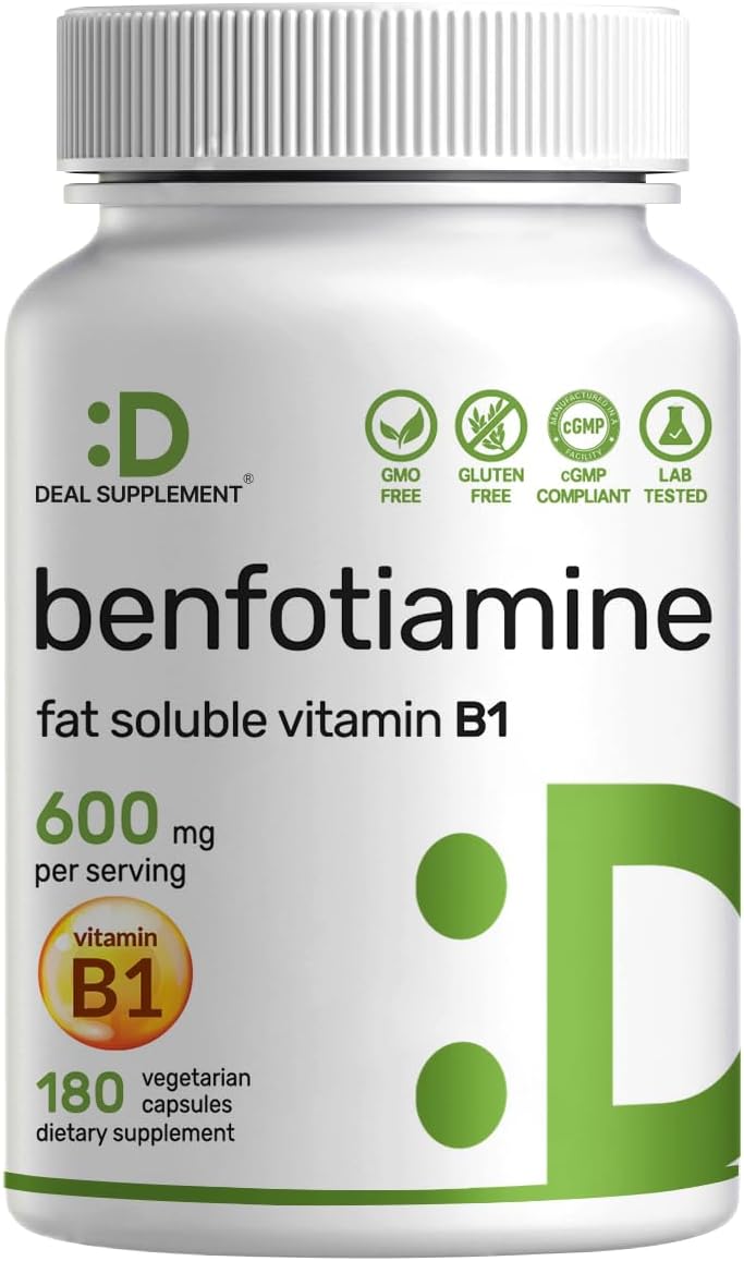 Benfotiamine 600mg Per Serving, 180 Veggie Capsules - Fat Soluble Vitamin B1 (Thiamine) Supplement - Vegan, Non-GMO, Gluten-free - görsel 1