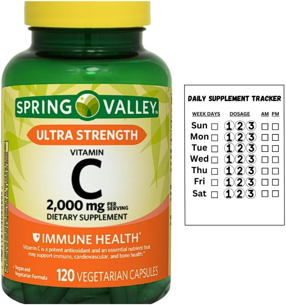 Spring Valley Ultra Strength Vitamin C Vegetarian Capsules Food Supplement, 2,000 mg, 120 Count + Daily Supplement Tracker Sticker - görsel 1