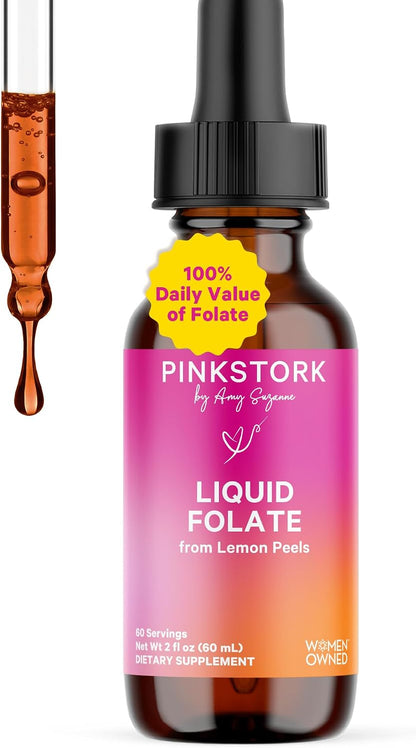 Pink Stork Liquid Folate Drops – 5-MTHF Methylfolate B9 Vitamin | Liquid Folic Acid Alternative for Women | Prenatal Folate, Non-GMO, Vegan, Sublingual Methylfolate Supplement | 59 ml